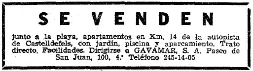 Anuncio de los apartamentos GAVAMAR de Gav Mar publicado en el diario LA VANGUARDIA (10 de Septiembre de 1965)